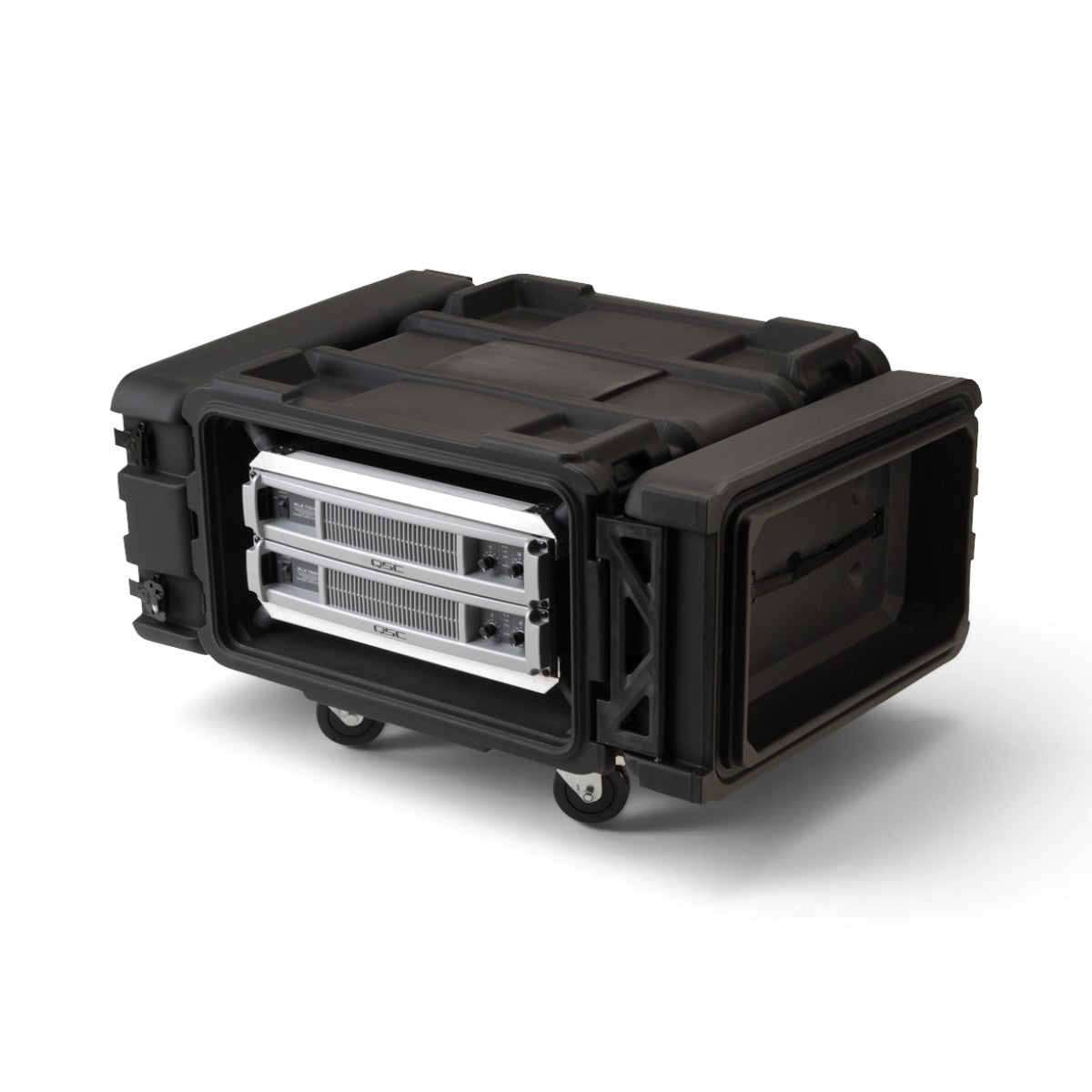 SKB Cases 4U 24-inch deep roto shock rack with black protective shell, internal aluminum frame, and rolling casters.