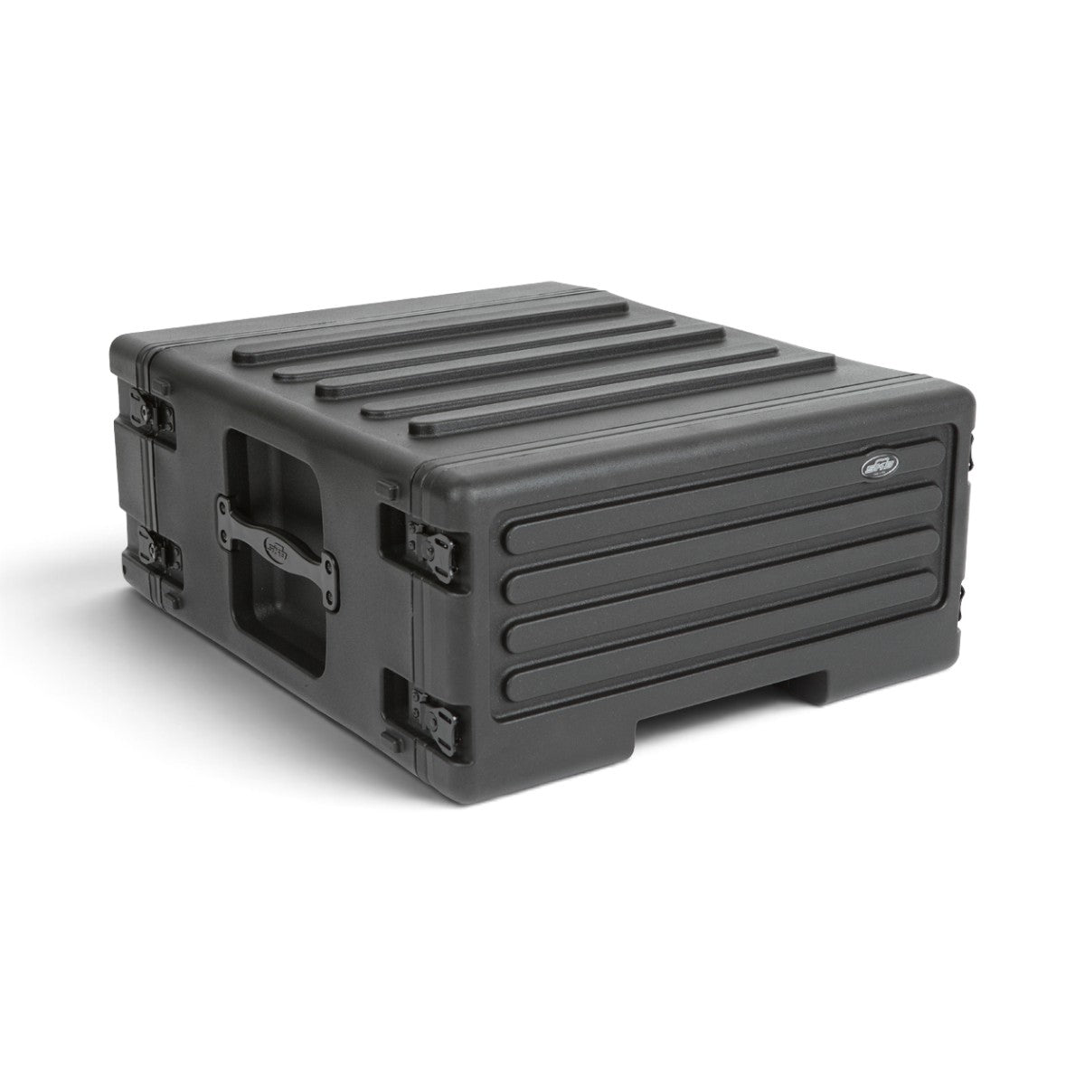 SKB Cases 4U rSeries rolling rack in black roto-molded polyethylene with recessed latches and side carry handles.