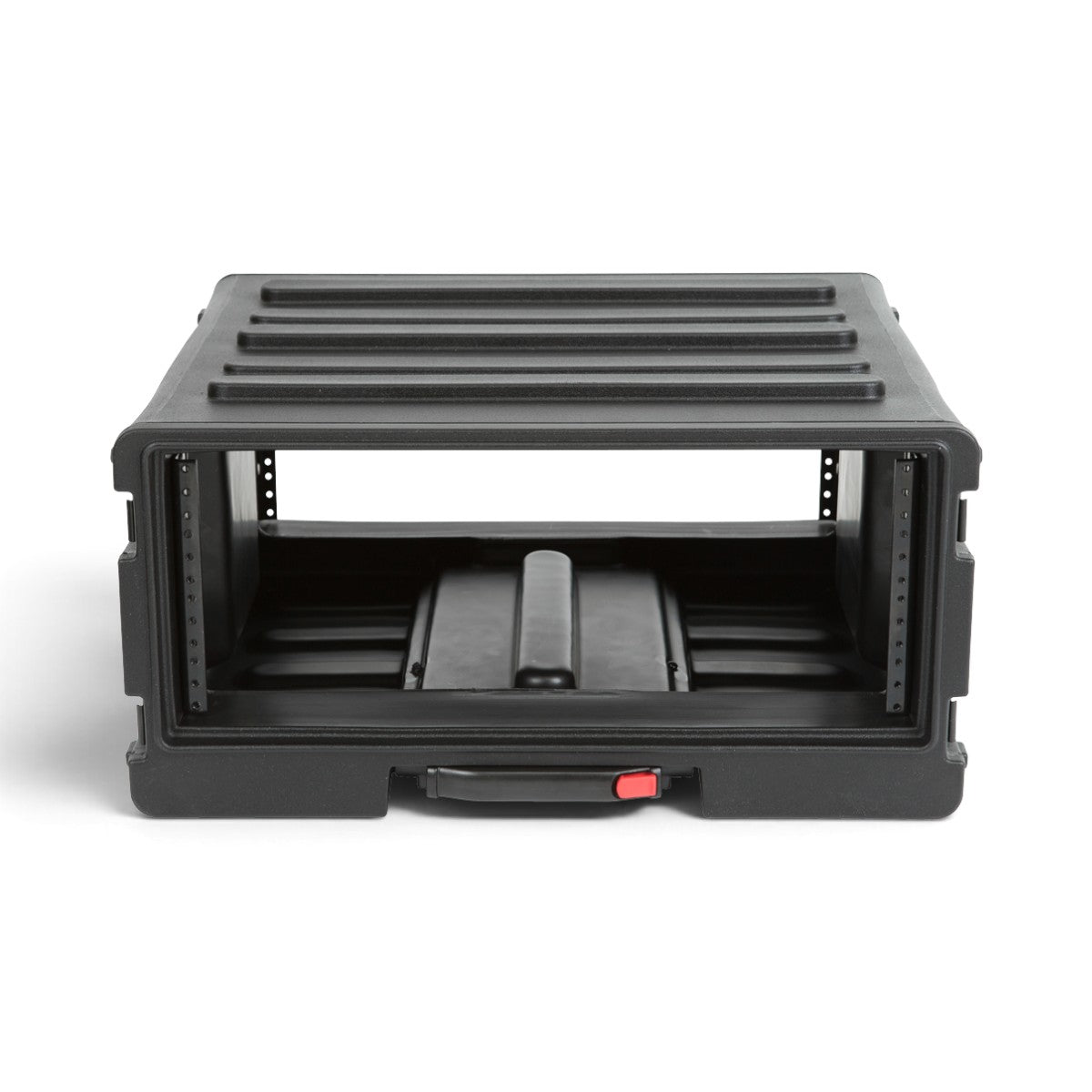 SKB Cases 4U rSeries rolling rack in black roto-molded polyethylene with front and rear steel threaded rails.