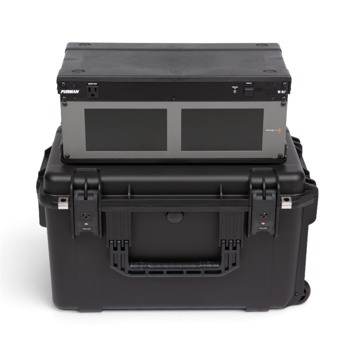 SKB Cases 4U iSeries shallow fly rack with mounted equipment in a black waterproof injection molded transport case
