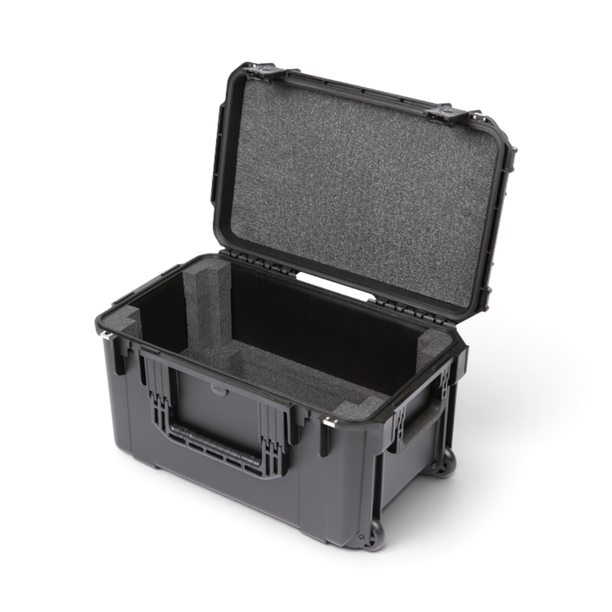 SKB Cases 4U iSeries shallow fly rack with black injection molded exterior, interior foam padding, and rolling wheels.