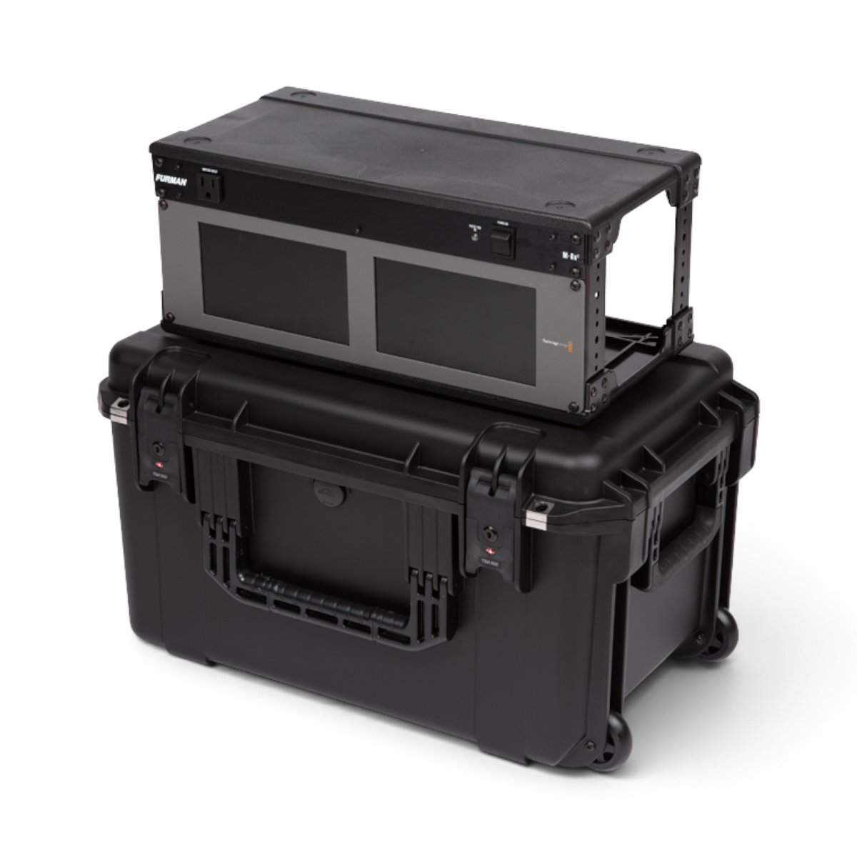 SKB Cases 4U iSeries shallow fly rack with removable frame and black injection molded waterproof transport case
