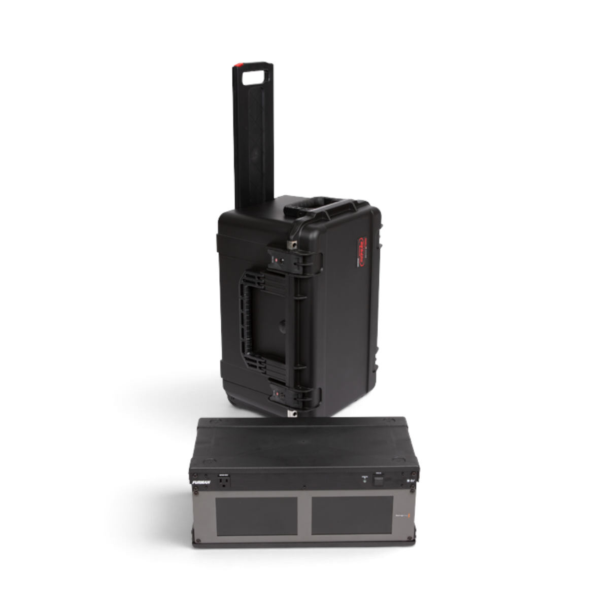 SKB Cases 4U iSeries shallow fly rack case with removable rack frame, wheels, and pull handle in black.