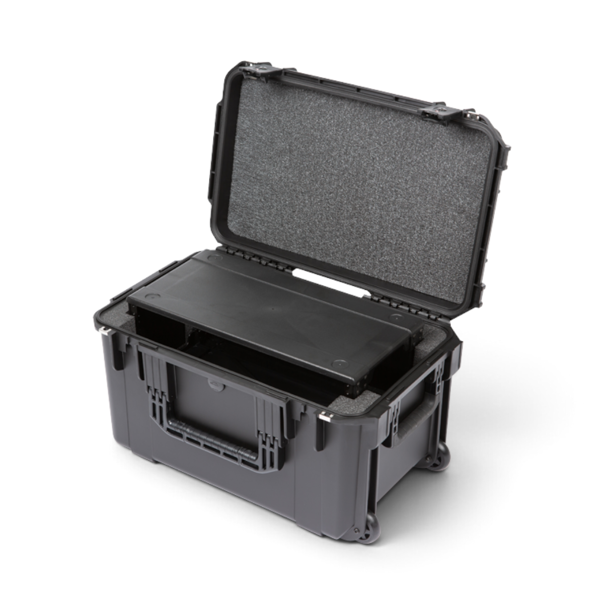 SKB Cases 4U iSeries shallow fly rack with black injection molded waterproof case, foam interior, and wheels.