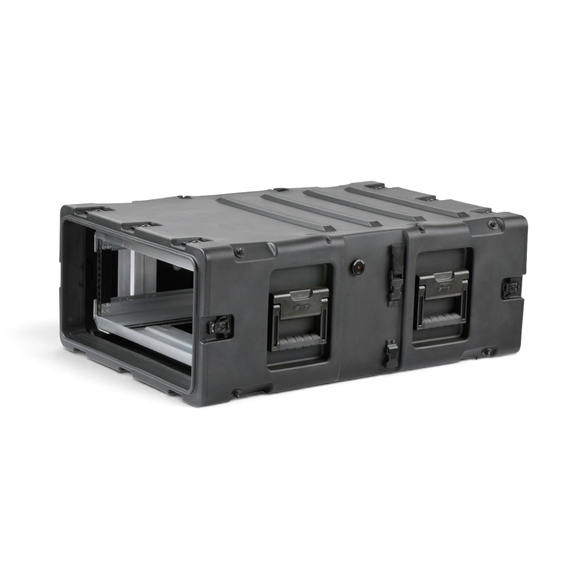 SKB Cases 4U 30-inch deep shock rack with a black roto-molded shell, recessed handles, and removable inner chassis.