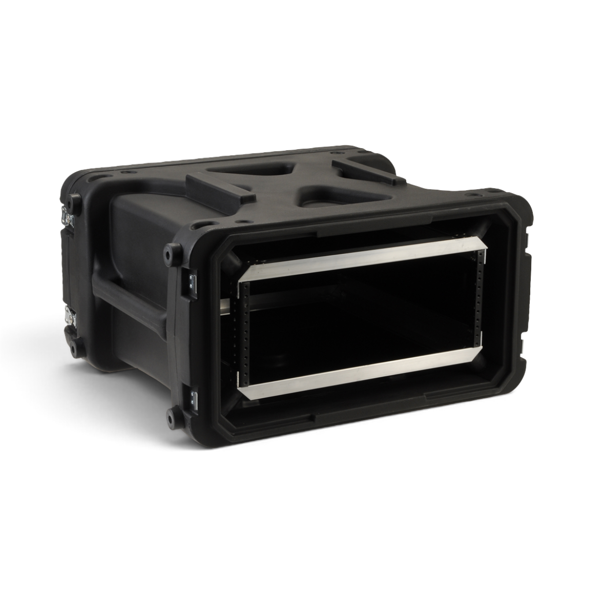 SKB Cases 4U 20-inch deep shock rack with roto-molded black shell and internal elastomer shock-mounted frame.