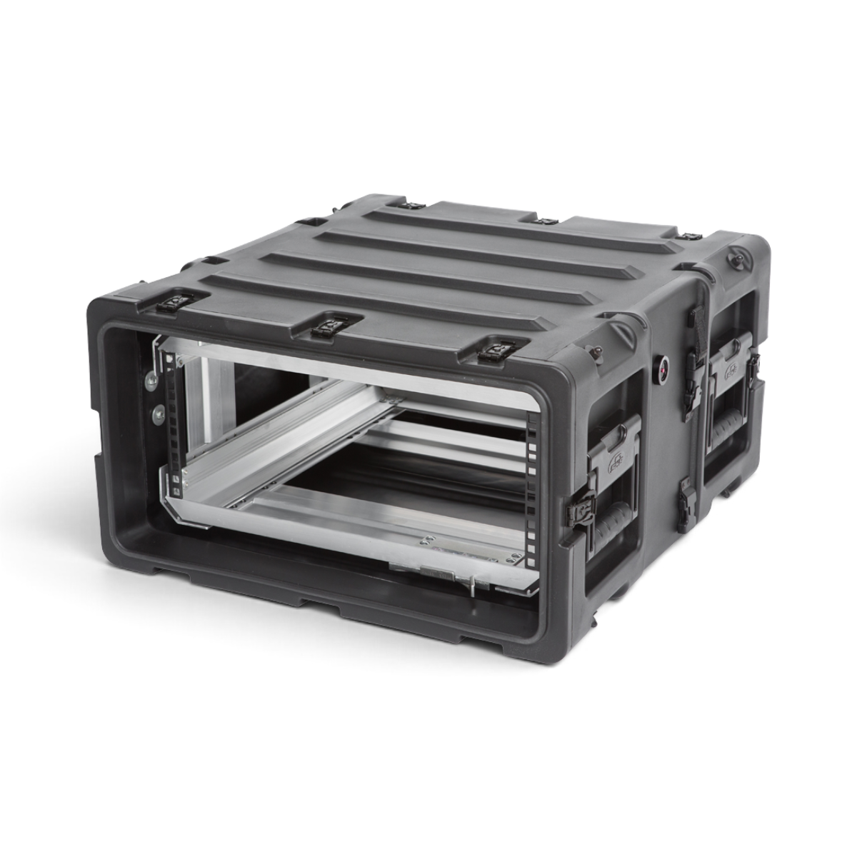 SKB Cases 4U 20-inch deep shock rack in black with a removable interior frame and rugged roto-molded shell.