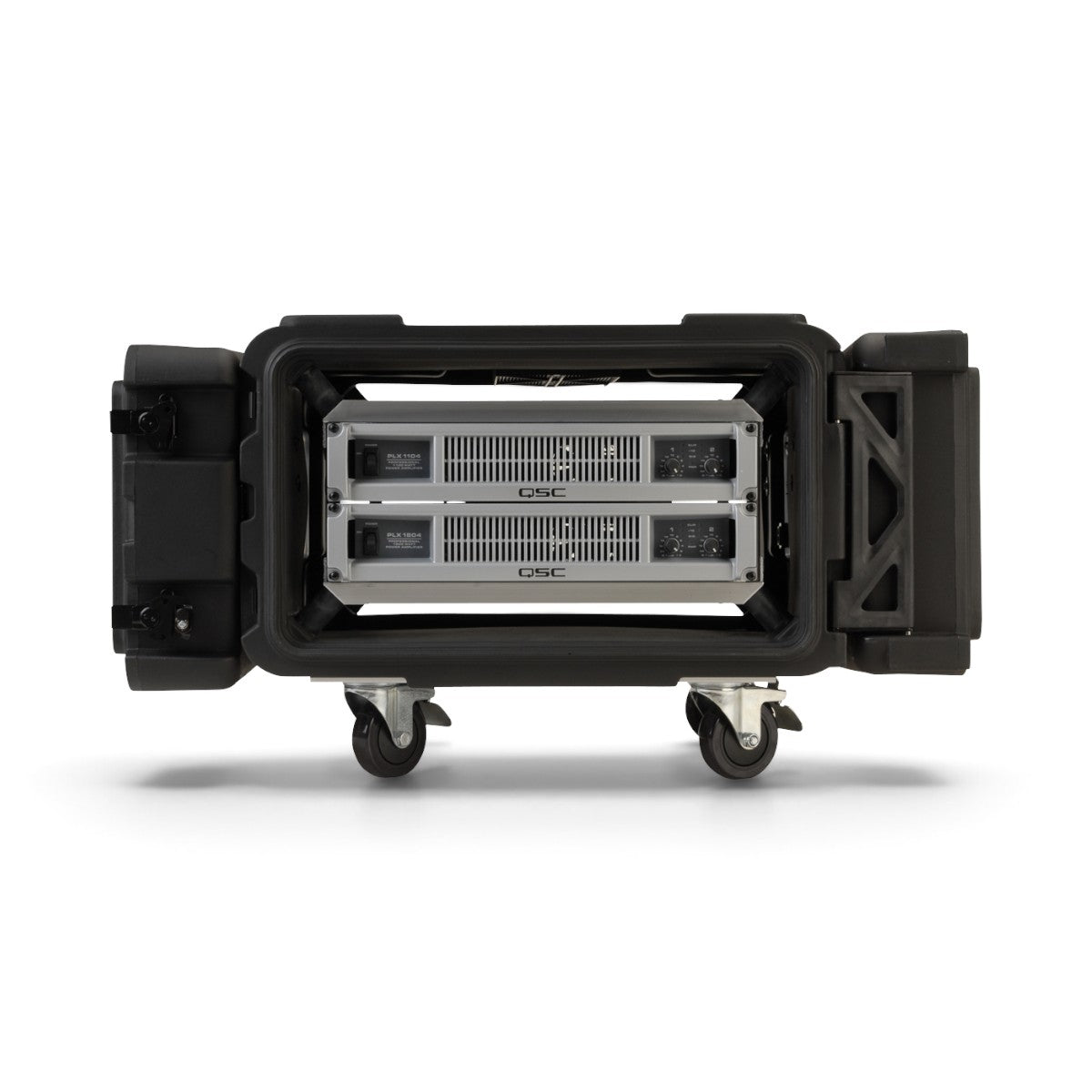 SKB Cases 4U 24-inch deep Roto Shock Rack with open lids and mounted QSC amplifiers on removable casters