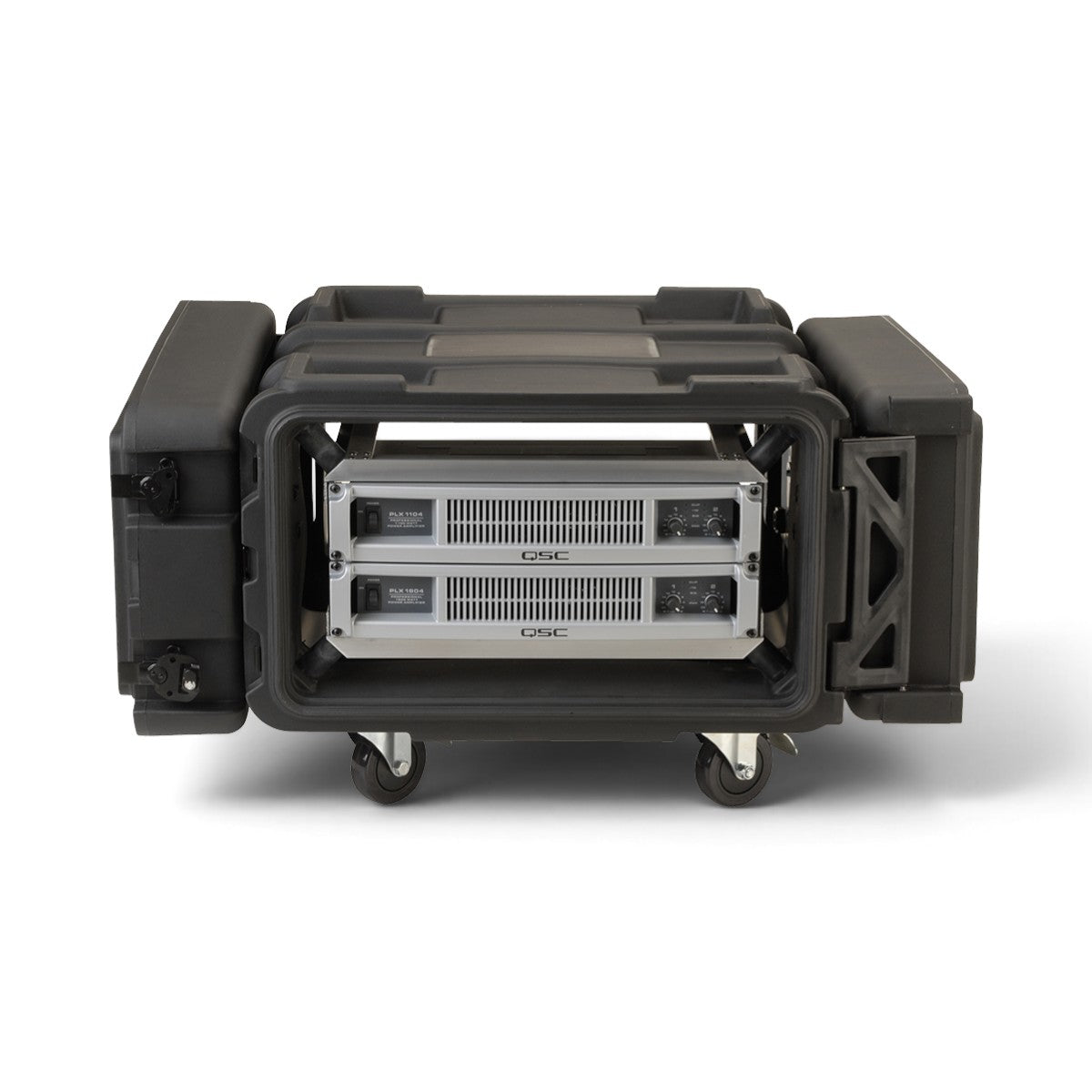 SKB Cases 4U 24-inch deep rSeries shock rack with mounted equipment and open side-hinged lids on casters