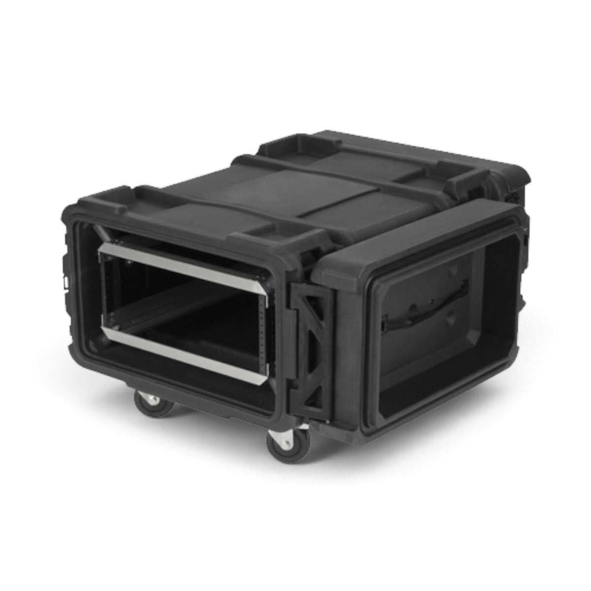 SKB Cases 4U 30-inch deep rSeries shock rack in black with removable casters and internal aluminum frame.