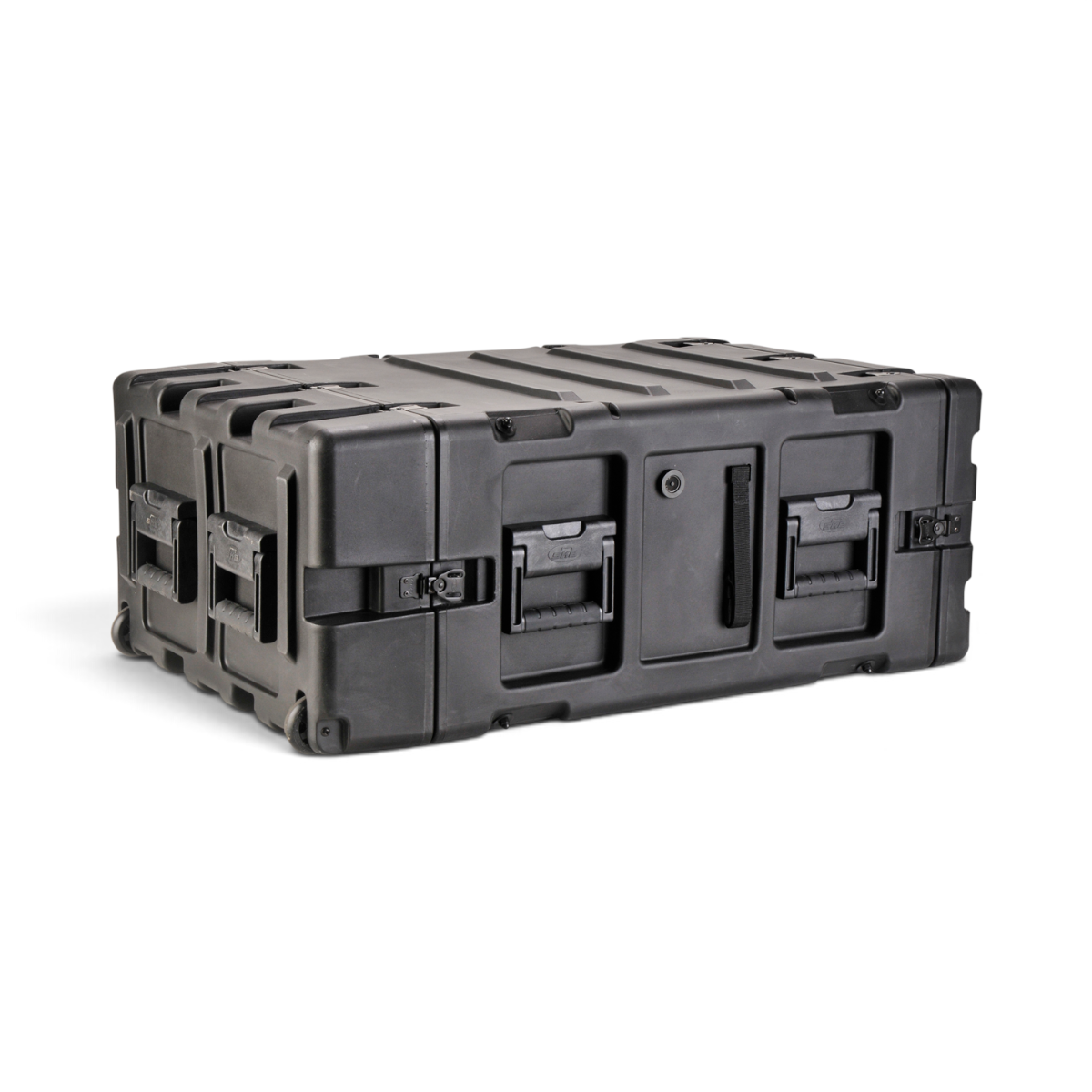 SKB Cases 4U 24-inch deep shock rack in black, featuring a rugged, watertight, and shockproof roto-molded design.