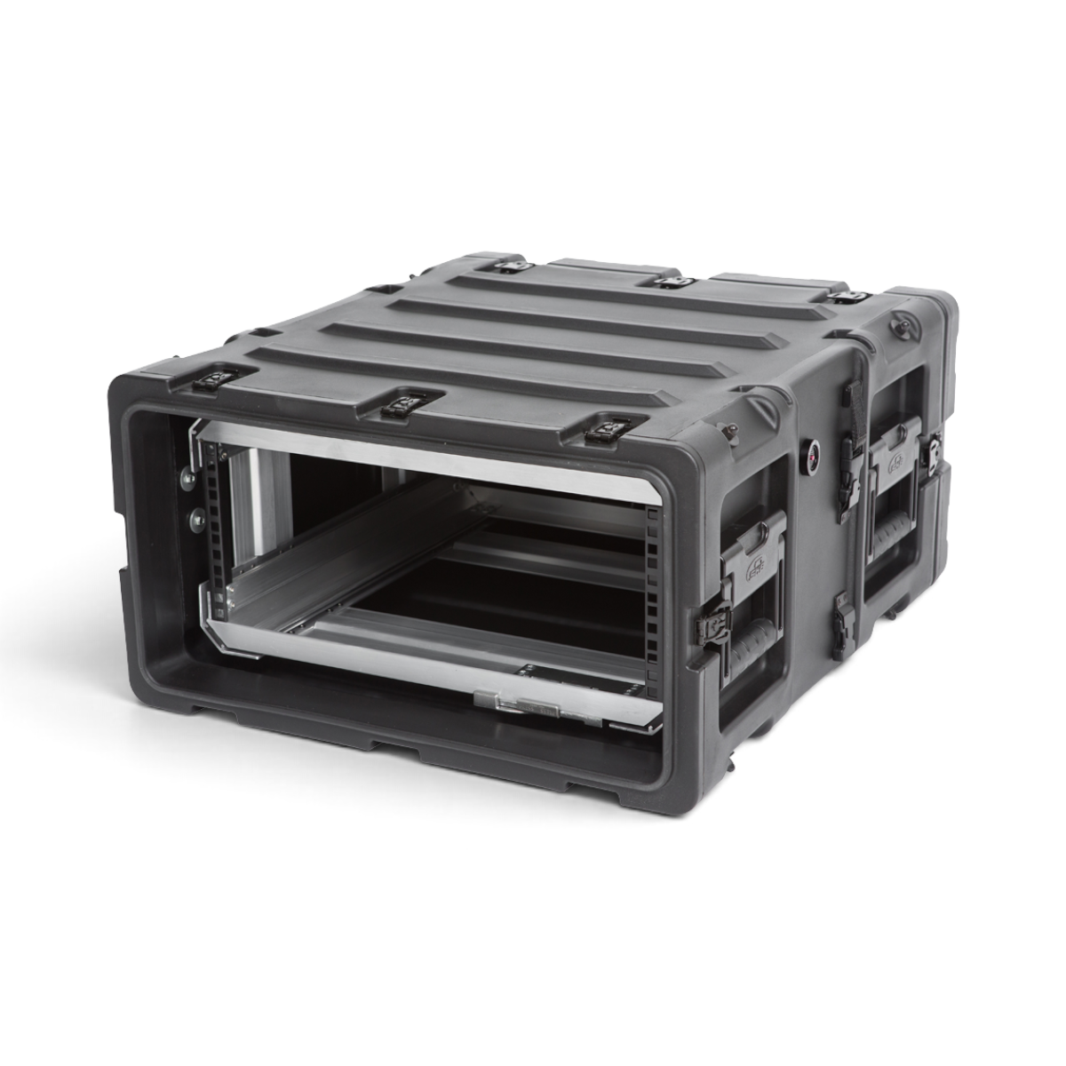 SKB Cases 4U 20-inch deep black shock rack with a removable interior frame and rugged roto-molded protective shell.