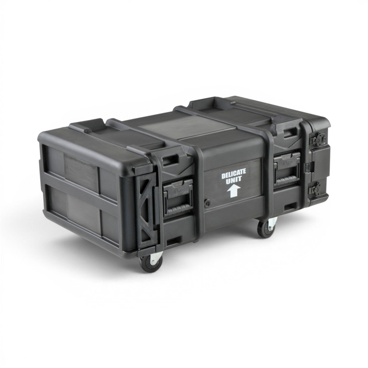 SKB Cases 4U 28-inch deep roto shock rack in black with removable casters and delicate unit warning label