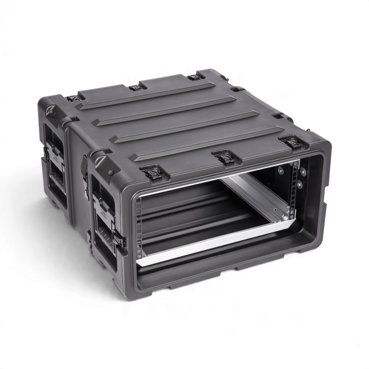 SKB Cases 4U 20-inch deep shock rack in black with rugged roto-molded shell and internal aluminum rack rails