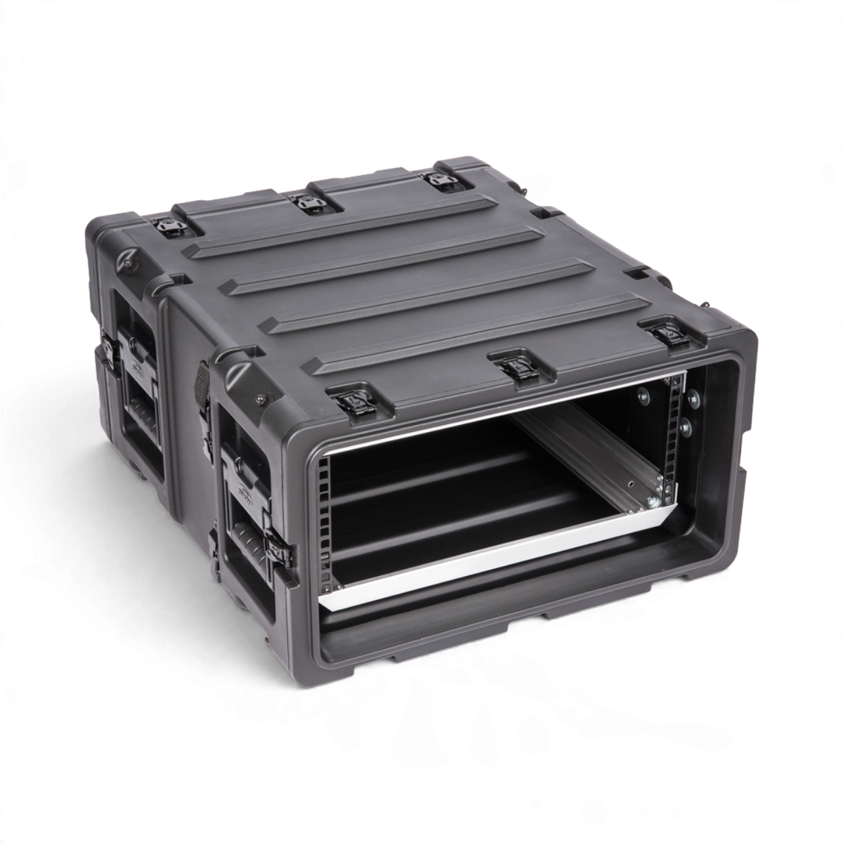 SKB Cases 4U 20-inch deep black shock rack transport case with rugged roto-molded shell and internal metal rack rails.