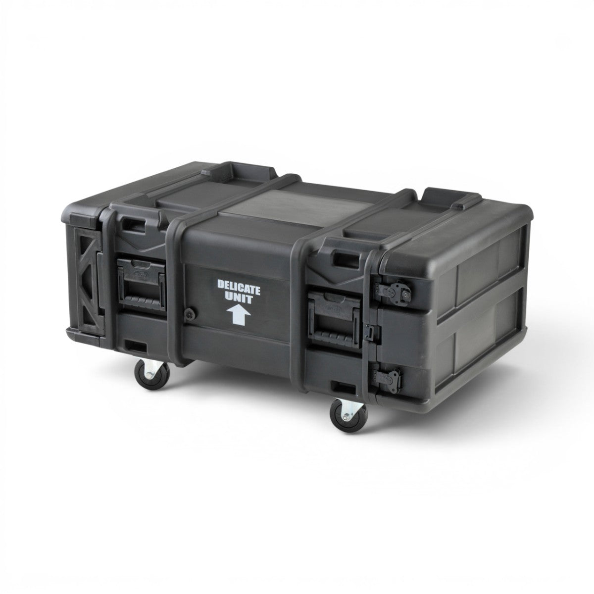 SKB Cases 4U 28-inch deep roto shock rack in black with heavy-duty latches, casters, and delicate unit warning label.
