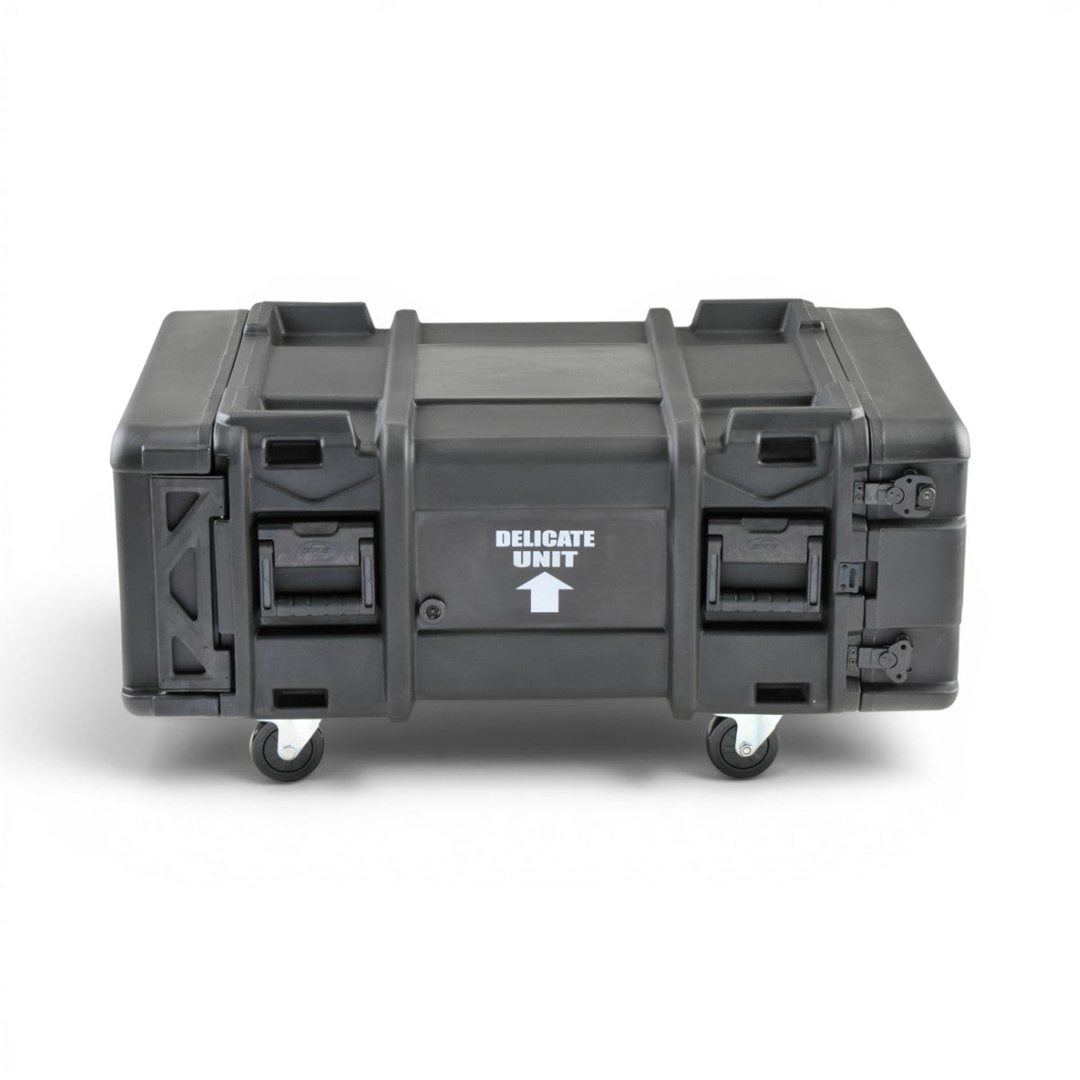 SKB Cases 4U 28-inch deep roto shock rack in black with heavy-duty latches, side handles, and removable caster wheels.