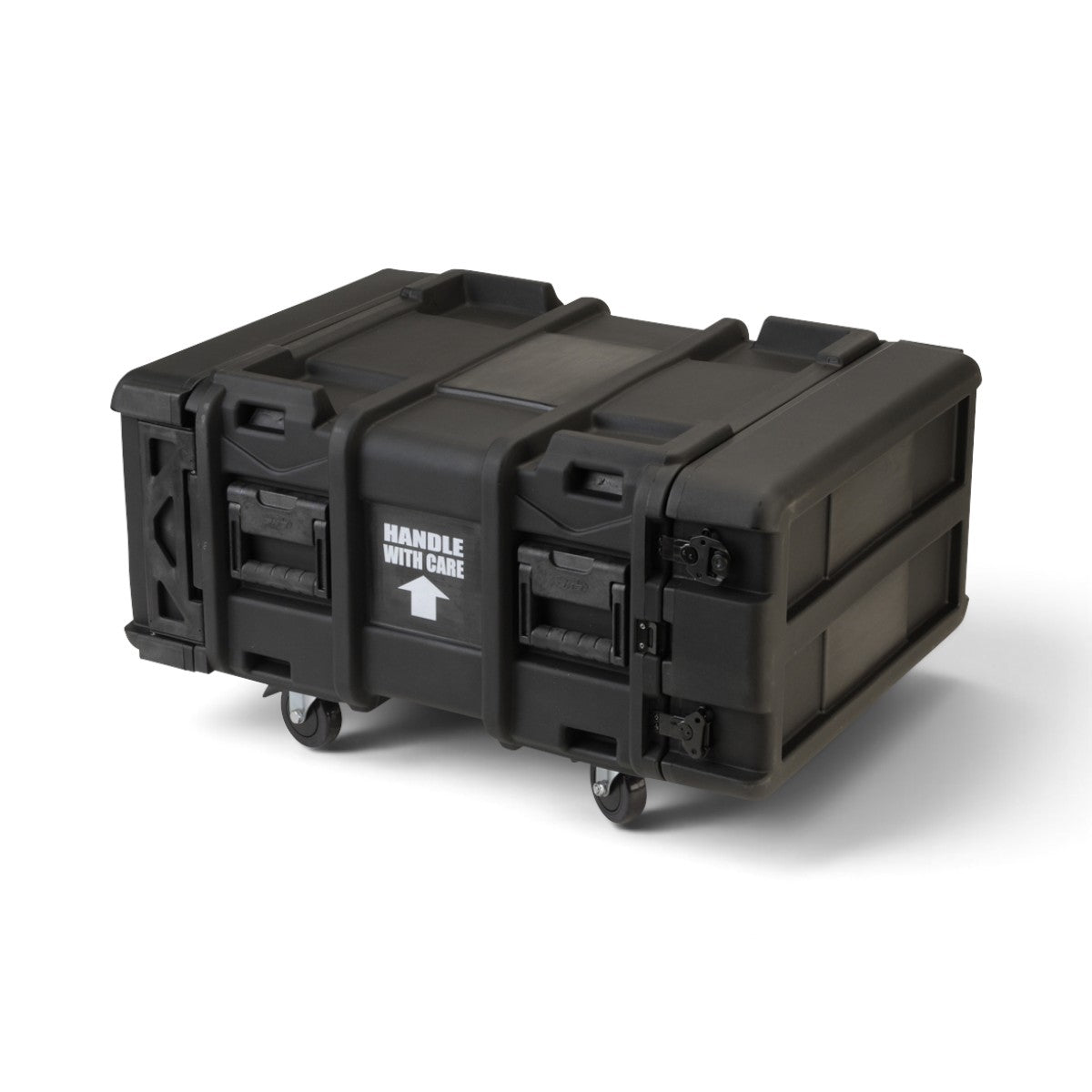 SKB Cases 4U 24-inch deep roto shock rack in black with removable casters and handle with care markings