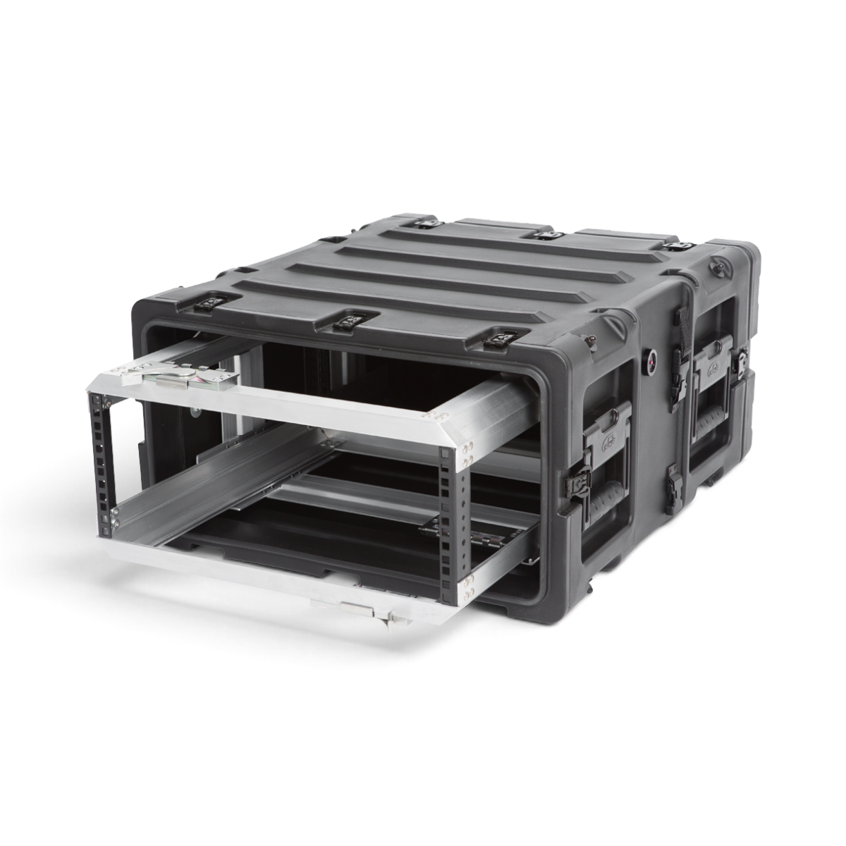 SKB Cases 4U 20-inch deep shock rack with a black roto-molded shell and a removable internal equipment frame.