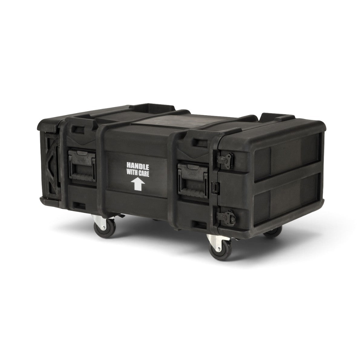 SKB Cases 4U 30-inch deep roto shock rack in black with heavy-duty casters and handle with care label