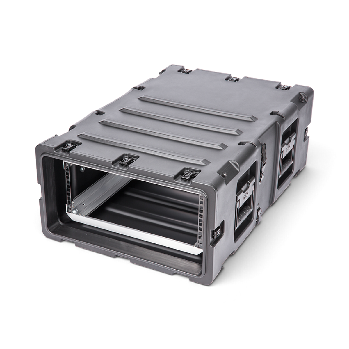 SKB Cases 4U 30-inch deep black shock rack with internal aluminum chassis and recessed hardware for equipment transport
