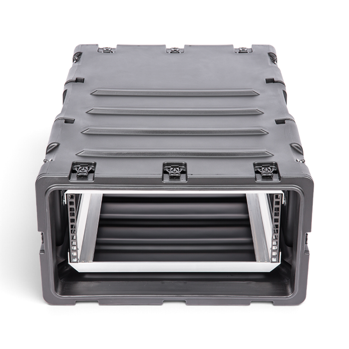 SKB Cases 4U 30-inch deep shock rack in black with internal aluminum chassis and protective roto-molded shell.