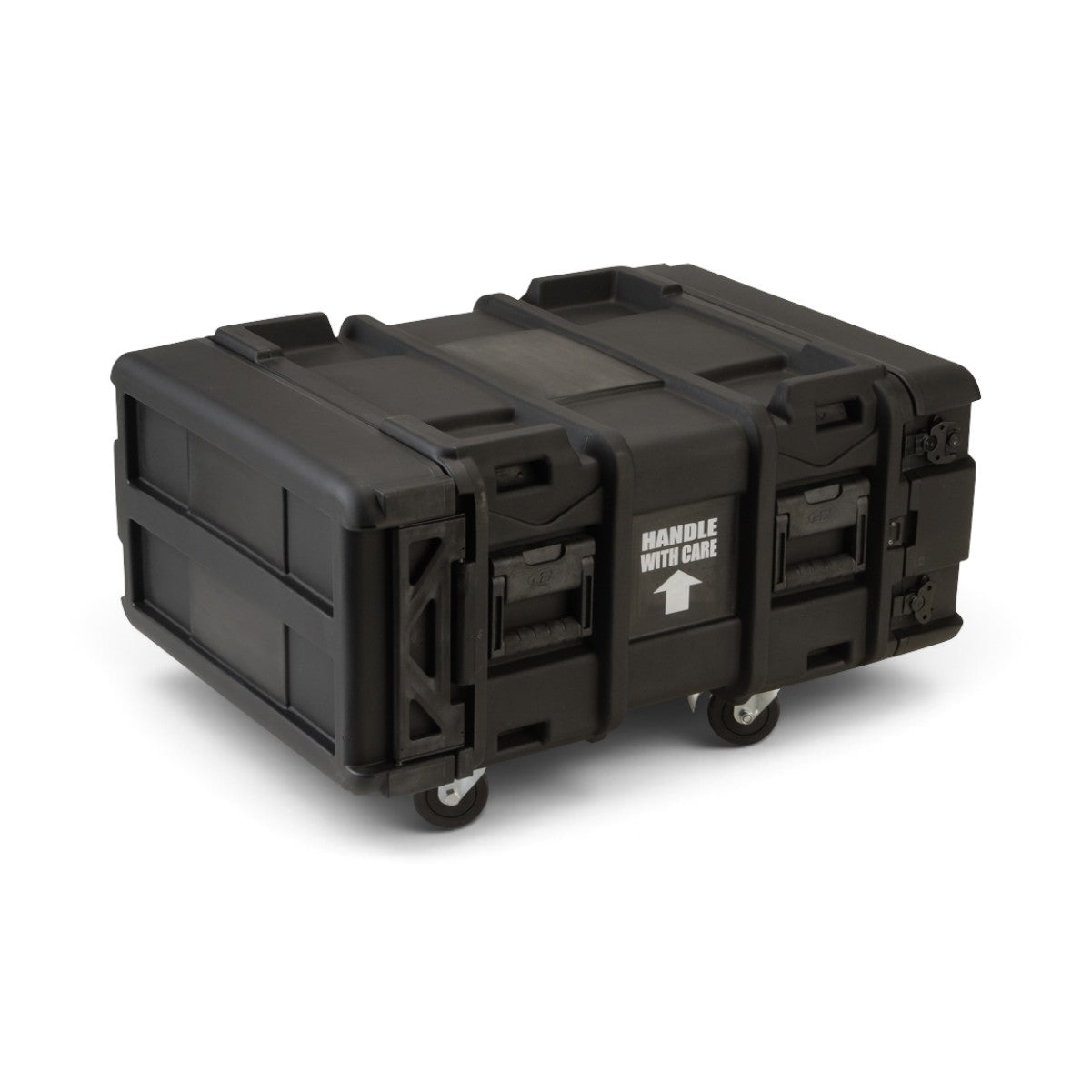 SKB Cases 4U 24-inch deep black roto shock rack with removable casters and handle with care label
