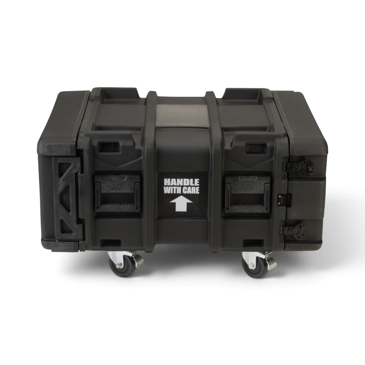 SKB Cases 4U 24-inch deep roto shock rack in black with removable casters and Handle With Care label