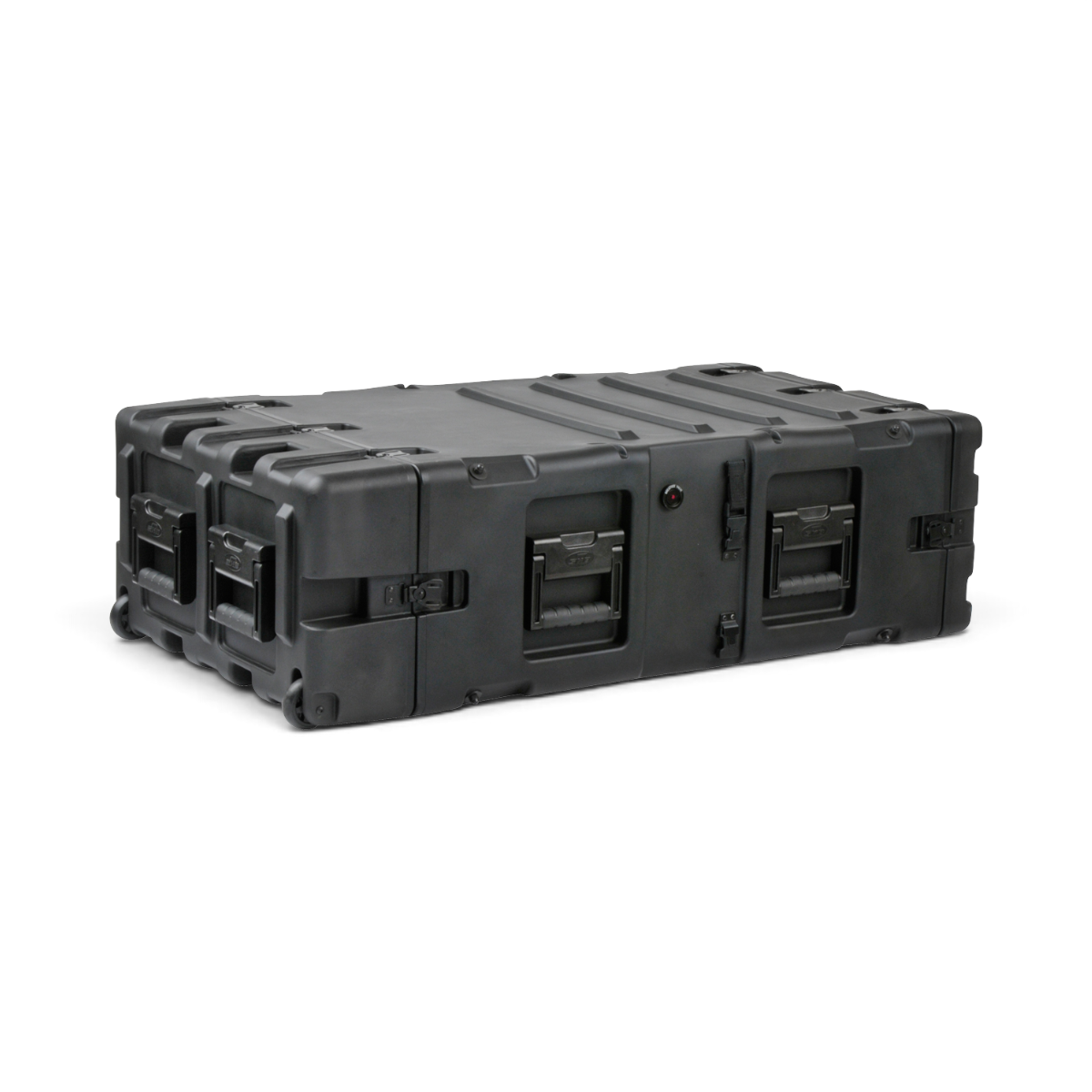 SKB Cases 4U 30-inch deep shock rack in black, featuring a rugged roto-molded shell, recessed handles, and casters.