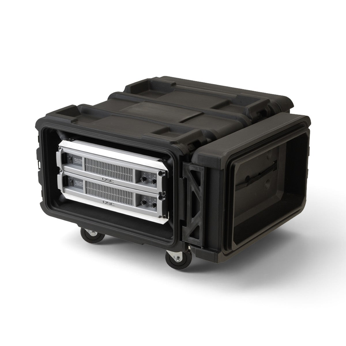 SKB Cases 4U 24-inch deep rSeries shock rack in black with mounted equipment and removable caster wheels