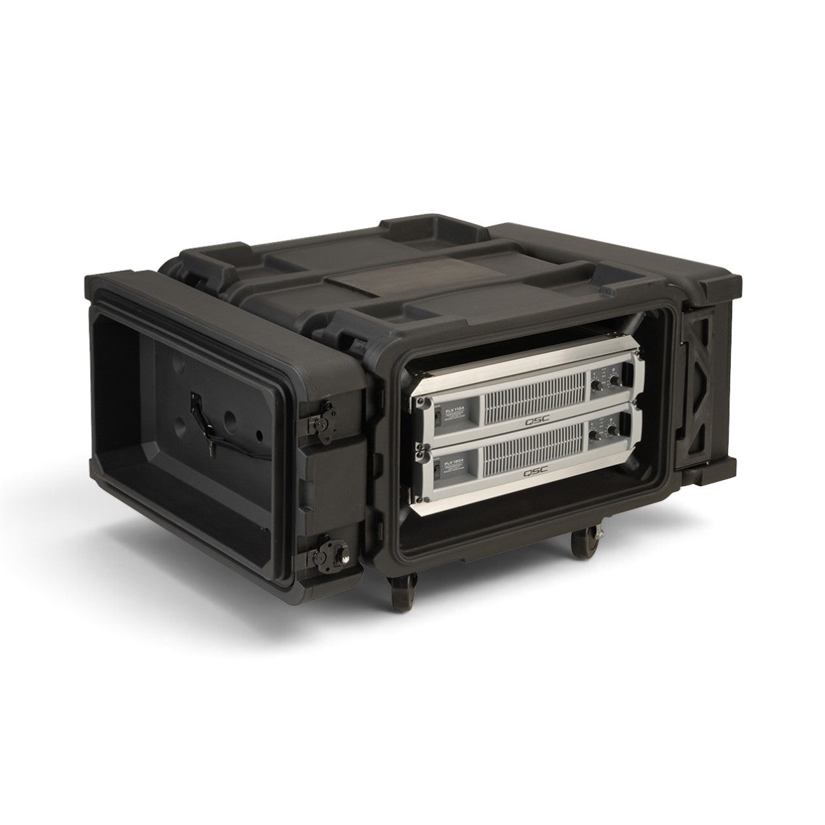 SKB Cases 4U 24-inch deep roto shock rack with two mounted amplifiers in a durable black protective equipment case.