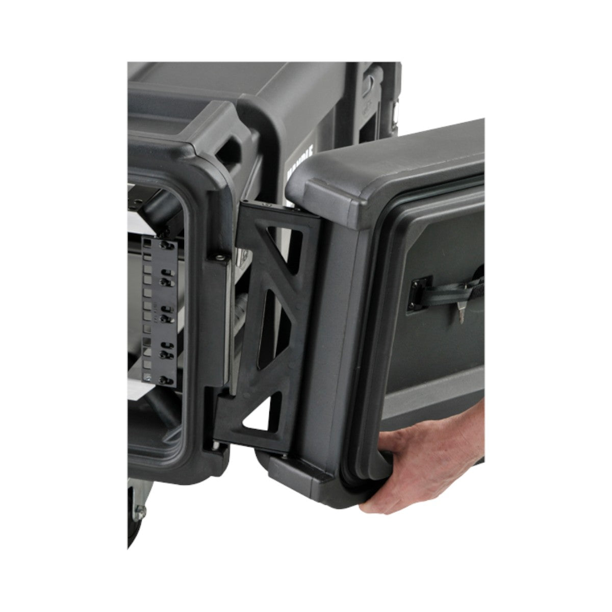 SKB Cases 4U 28-inch shock rack featuring a compound hinge system that allows the lid to swing flat against the case.
