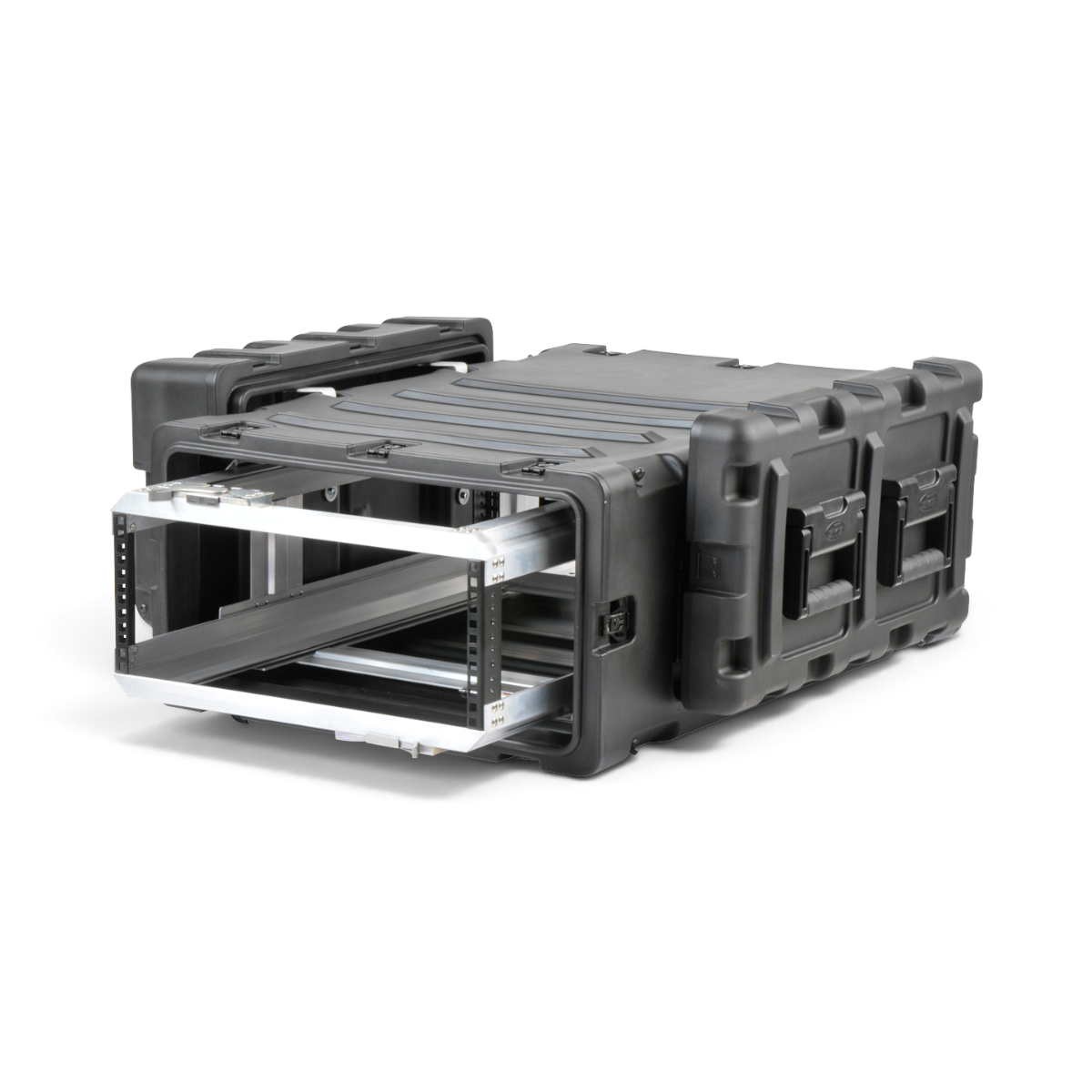 SKB Cases 4U 30-inch deep shock rack with a black roto-molded shell and a removable internal metal equipment chassis.