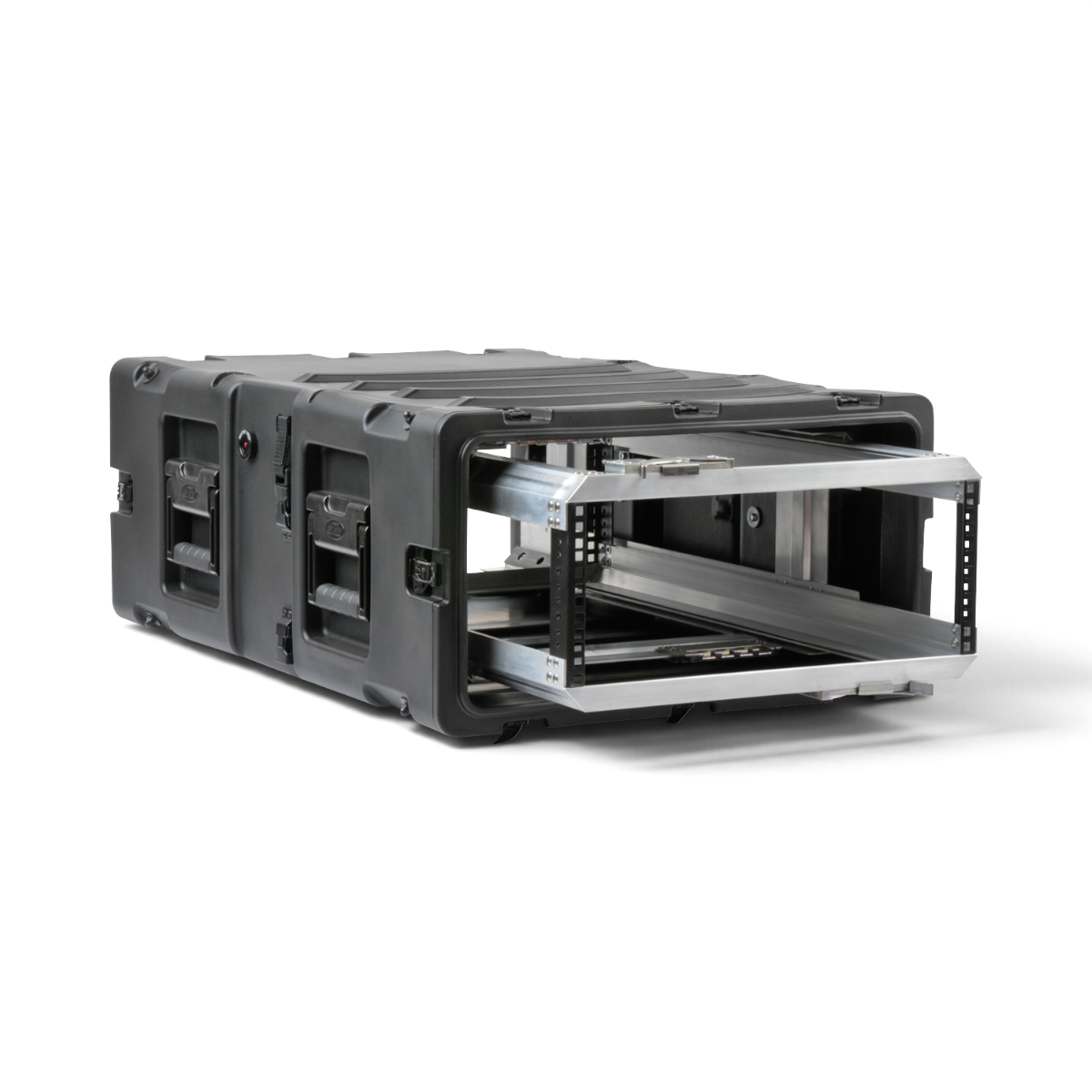 SKB Cases 4U 30-inch deep shock rack with a removable inner chassis and rugged black roto-molded shell.