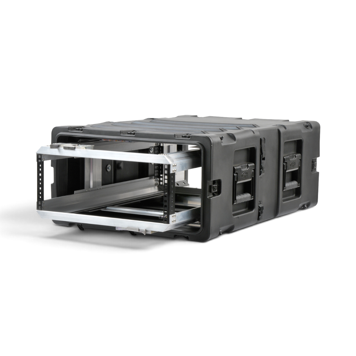 SKB Cases 4U 30-inch deep shock rack with a removable inner chassis and black roto-molded protective shell.