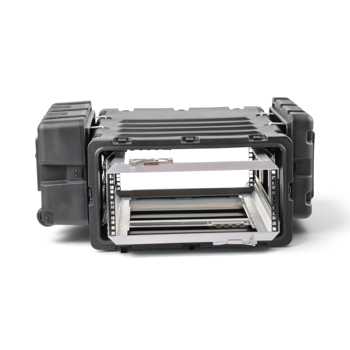 SKB Cases 4U 30-inch deep shock rack with a removable inner chassis and rugged black roto-molded polyethylene shell.