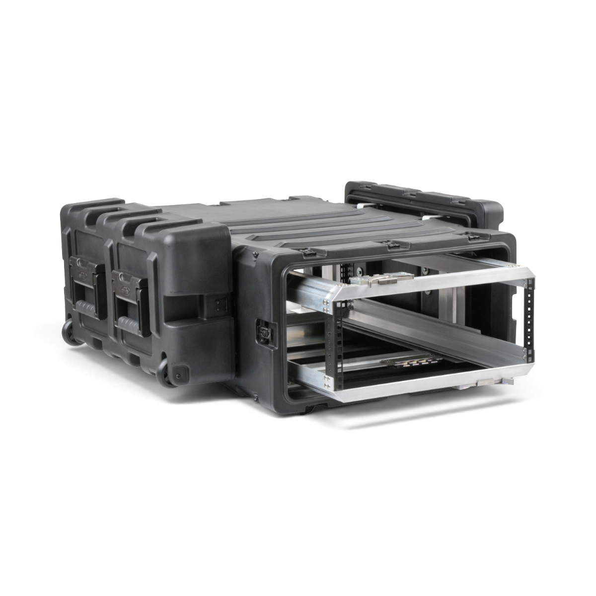 SKB Cases 4U 30-inch deep shock rack with a removable inner chassis and rugged black roto-molded protective shell.