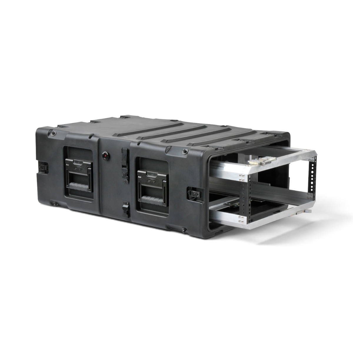 SKB Cases 4U 30-inch deep shock rack with removable inner chassis, black roto-molded shell, and recessed handles.