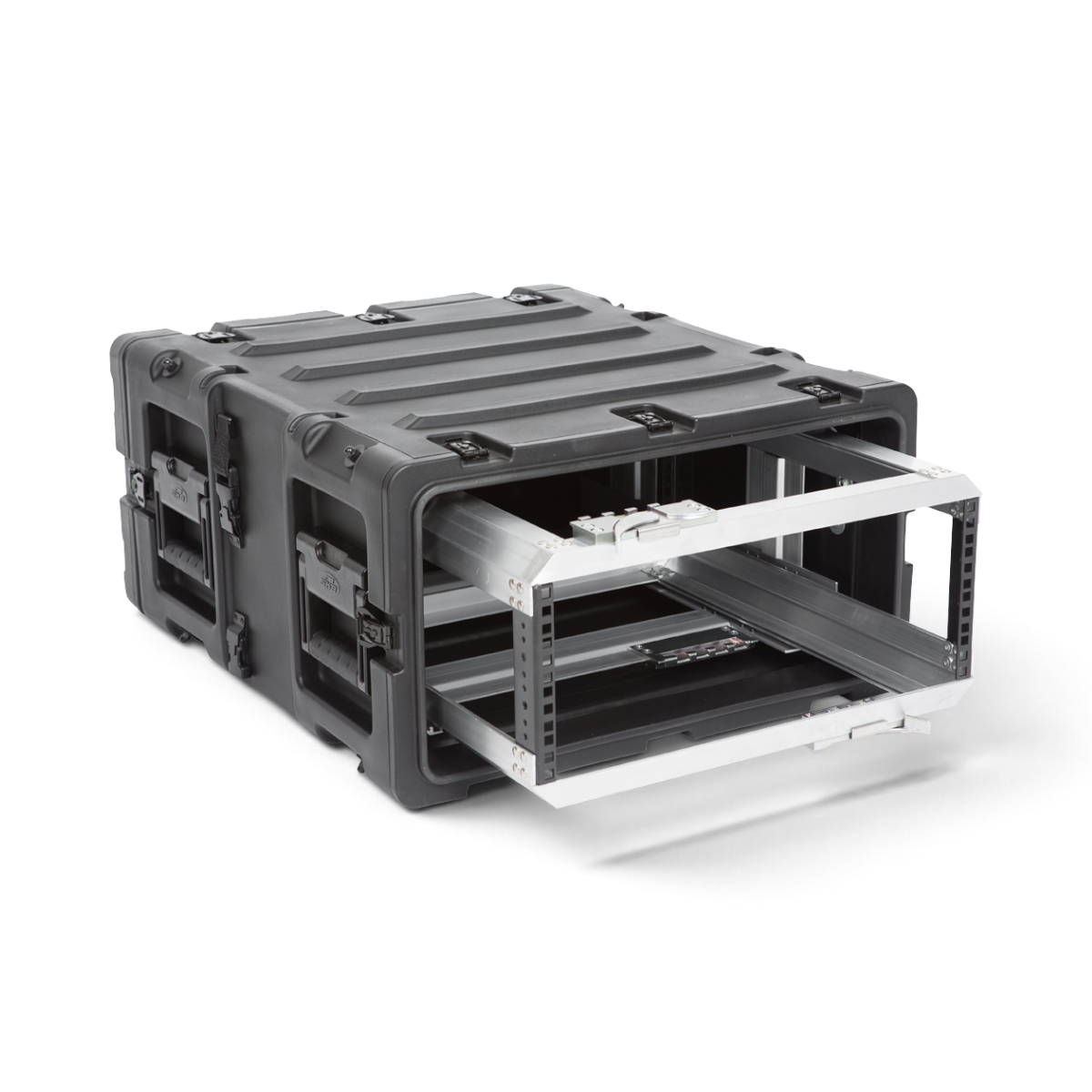 SKB Cases 4U 20-inch deep black shock rack with a removable internal frame and rugged roto-molded protective shell.