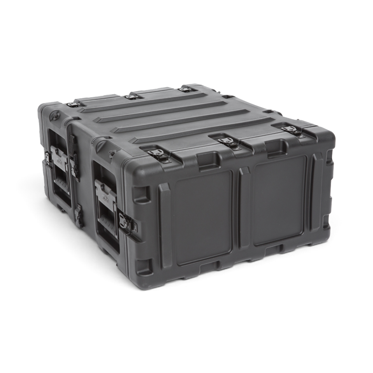 SKB Cases 4U 20-inch deep black shock rack transport case with rugged roto-molded shell and recessed hardware.