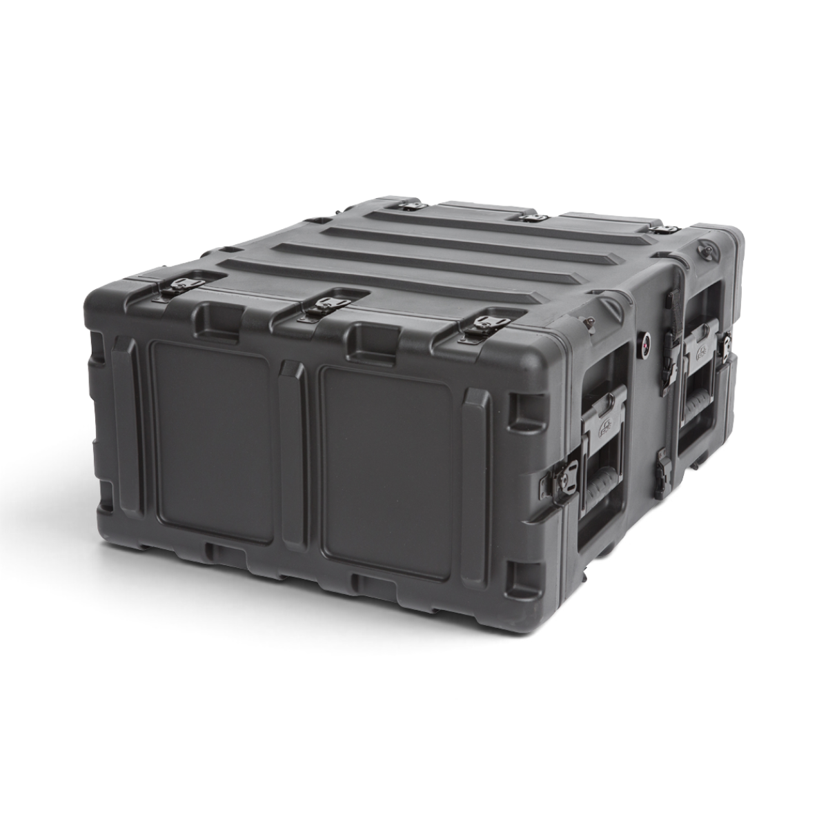 SKB Cases 4U 20-inch deep black shock rack transport case with rugged roto-molded shell and recessed hardware.
