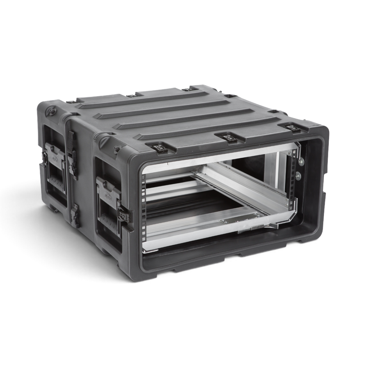 SKB Cases 4U 20-inch deep shock rack in black with a removable interior frame and rugged roto-molded shell.