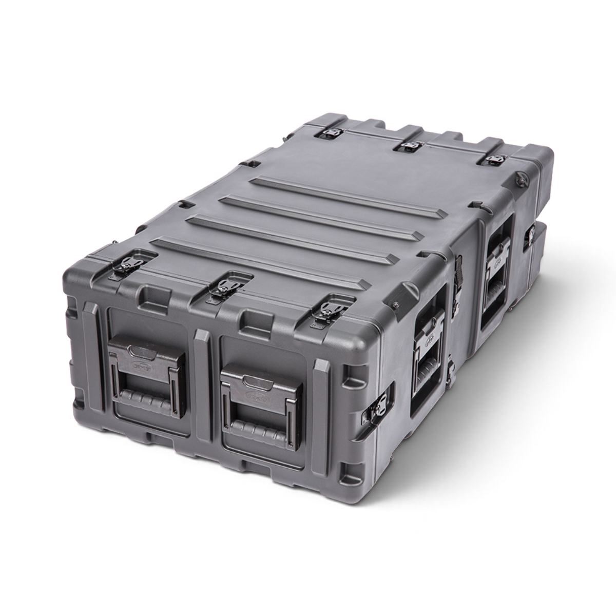 SKB Cases 4U 30-inch deep black shock rack transport case with rugged roto-molded shell and recessed spring-loaded handles
