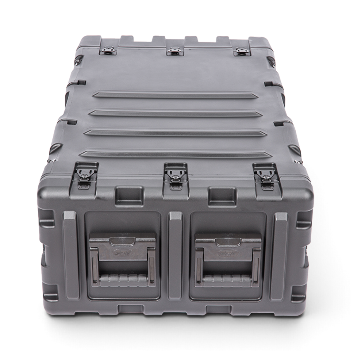 SKB Cases 4U 30-inch deep black shock rack transport case with recessed handles and rugged roto-molded shell.