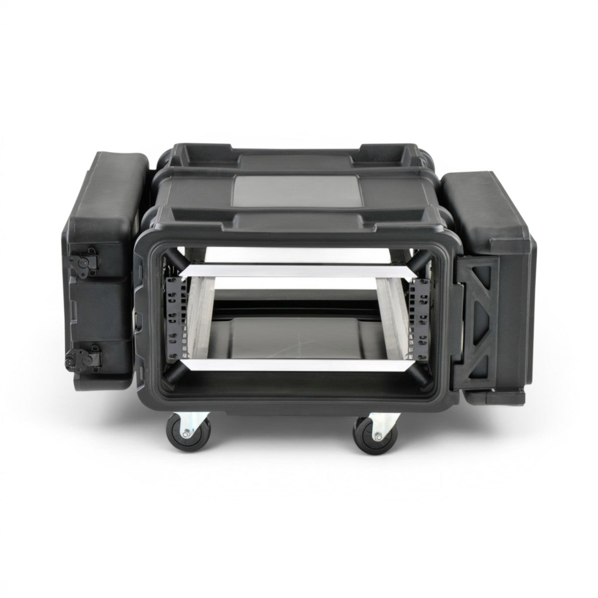 SKB Cases 4U 28-inch deep shock rack with open lids, internal aluminum frame, and removable casters on white background.