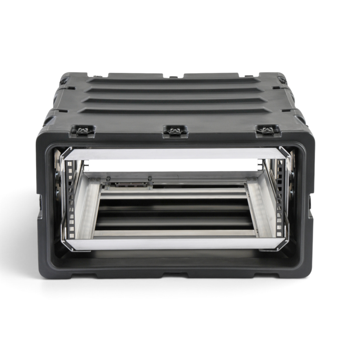 SKB Cases 4U 24-inch deep shock rack in black with a removable interior frame and rugged roto-molded shell.