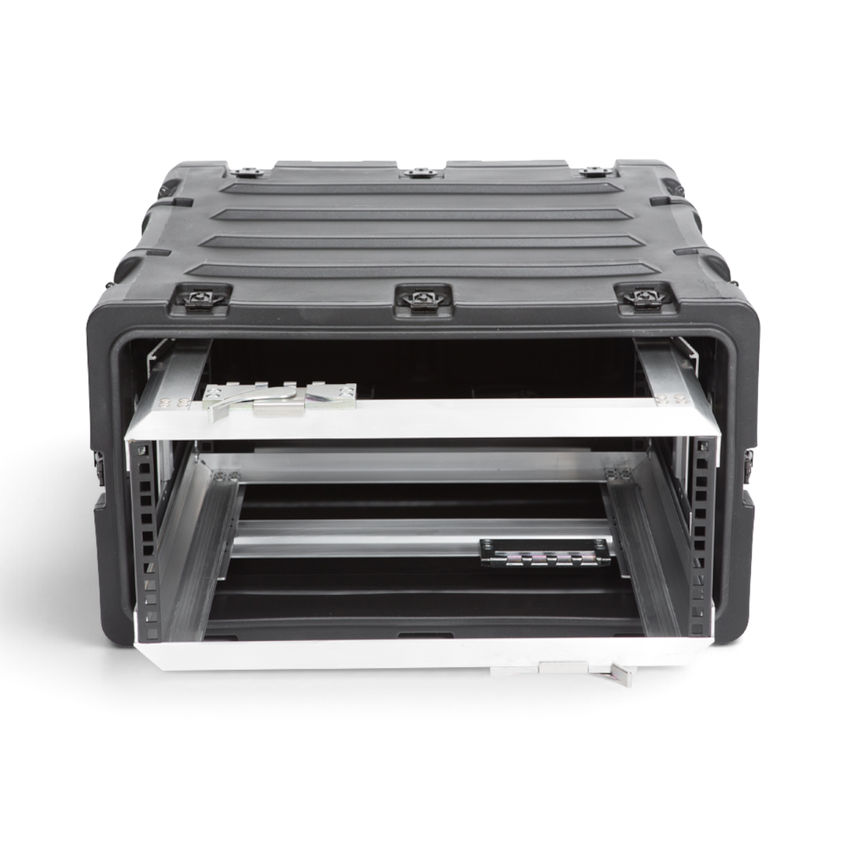 SKB Cases 4U 20-inch deep shock rack with a black roto-molded shell and a removable internal equipment frame.