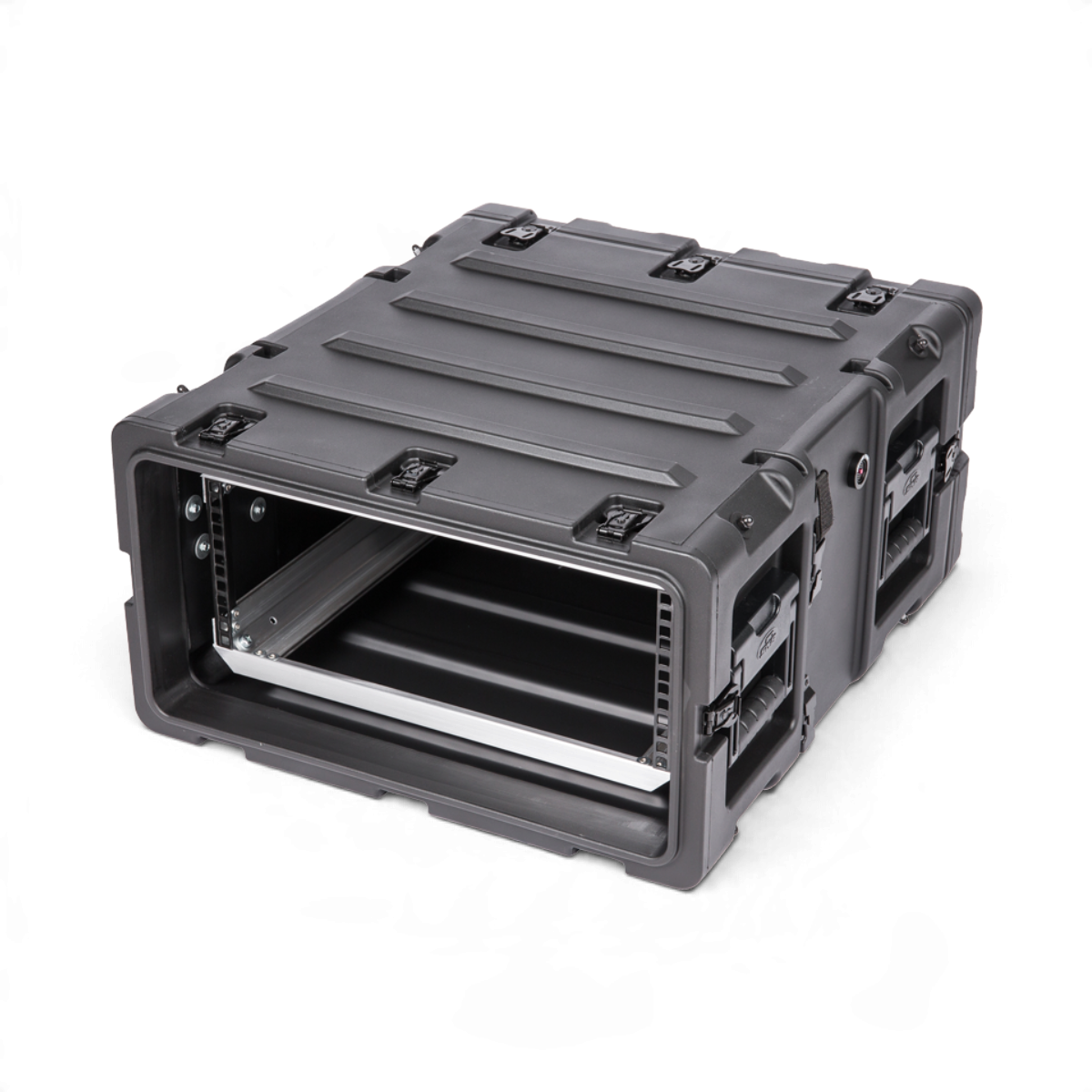 SKB Cases 4U 20-inch deep shock rack in black with internal aluminum chassis and rugged roto-molded shell.