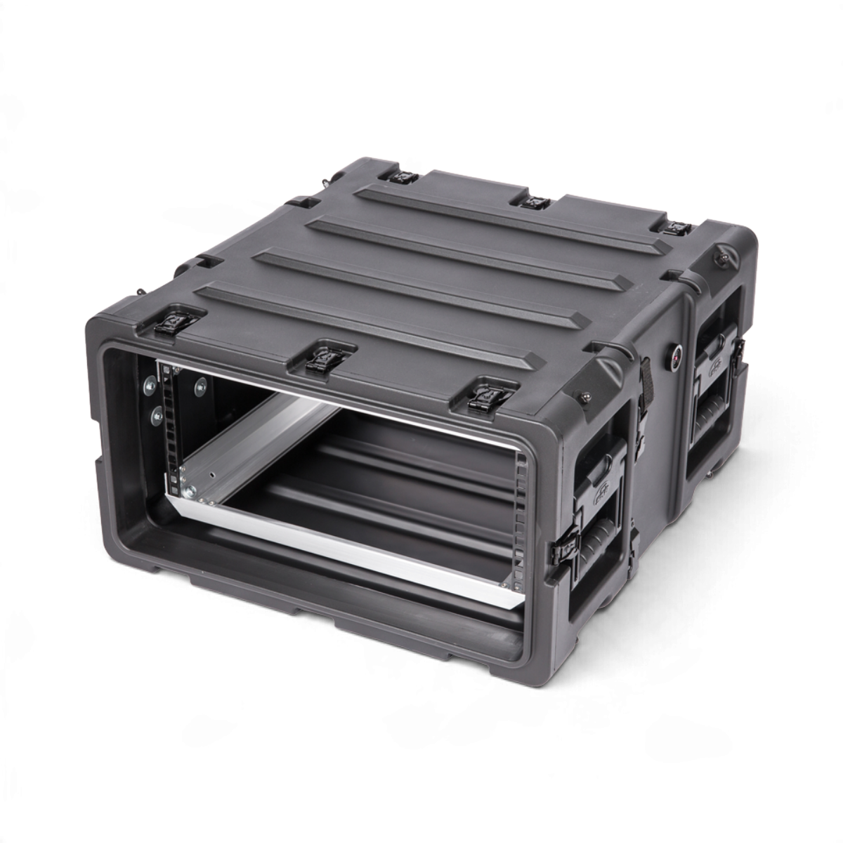 SKB Cases 4U 20-inch deep shock rack in black with rugged roto-molded shell and internal aluminum rack rails.
