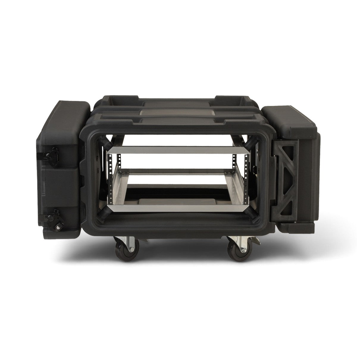 SKB Cases 4U 24-inch deep rSeries shock rack with black roto-molded exterior, internal aluminum frame, and casters.
